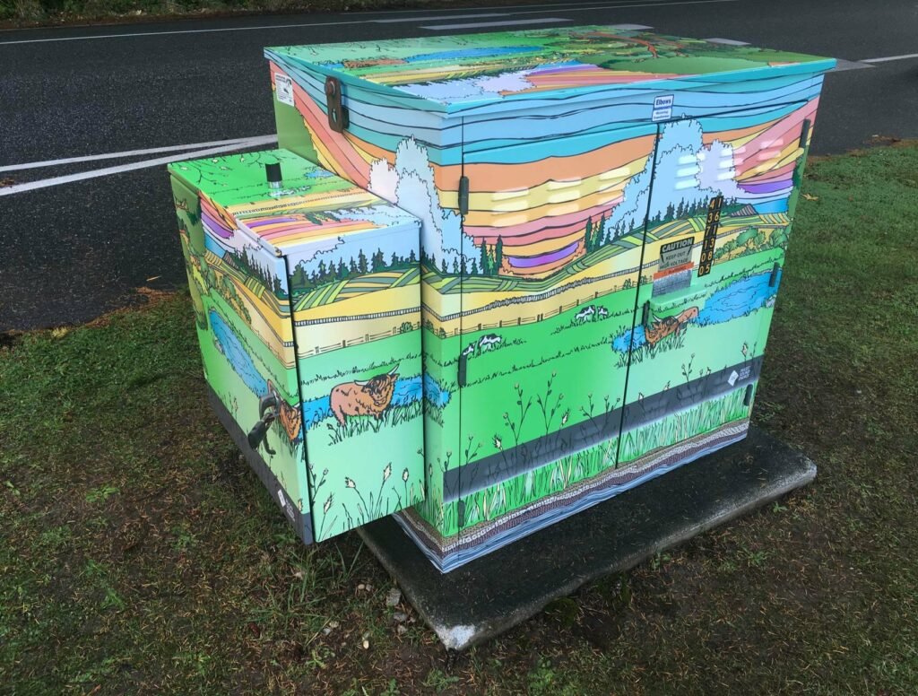 traffic cabinet covered in artwork of brown cows in colorful landscape